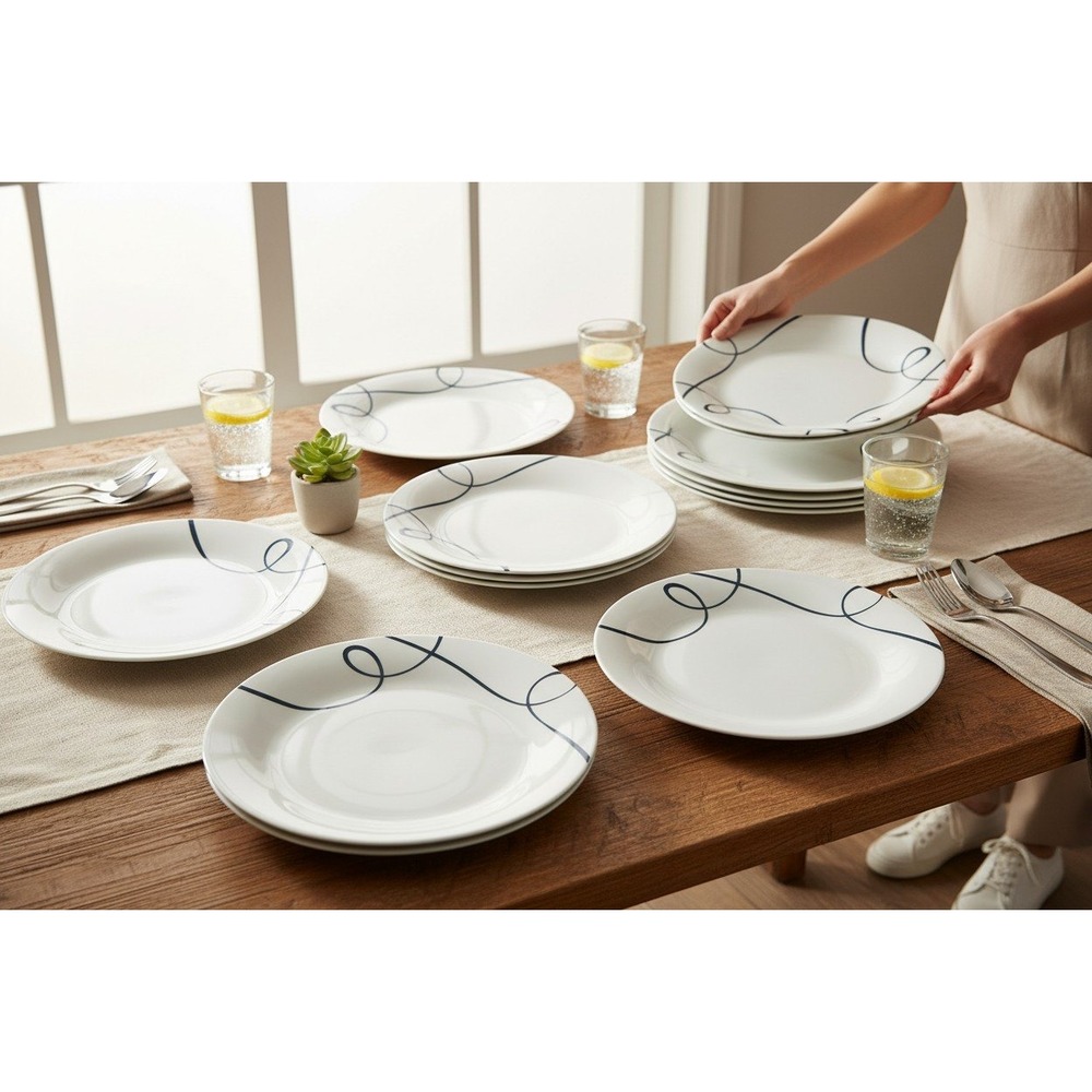 Corelle Simple Lines Dinner Plates Unisex 10.25in White Very Good Set of 7 Swirl